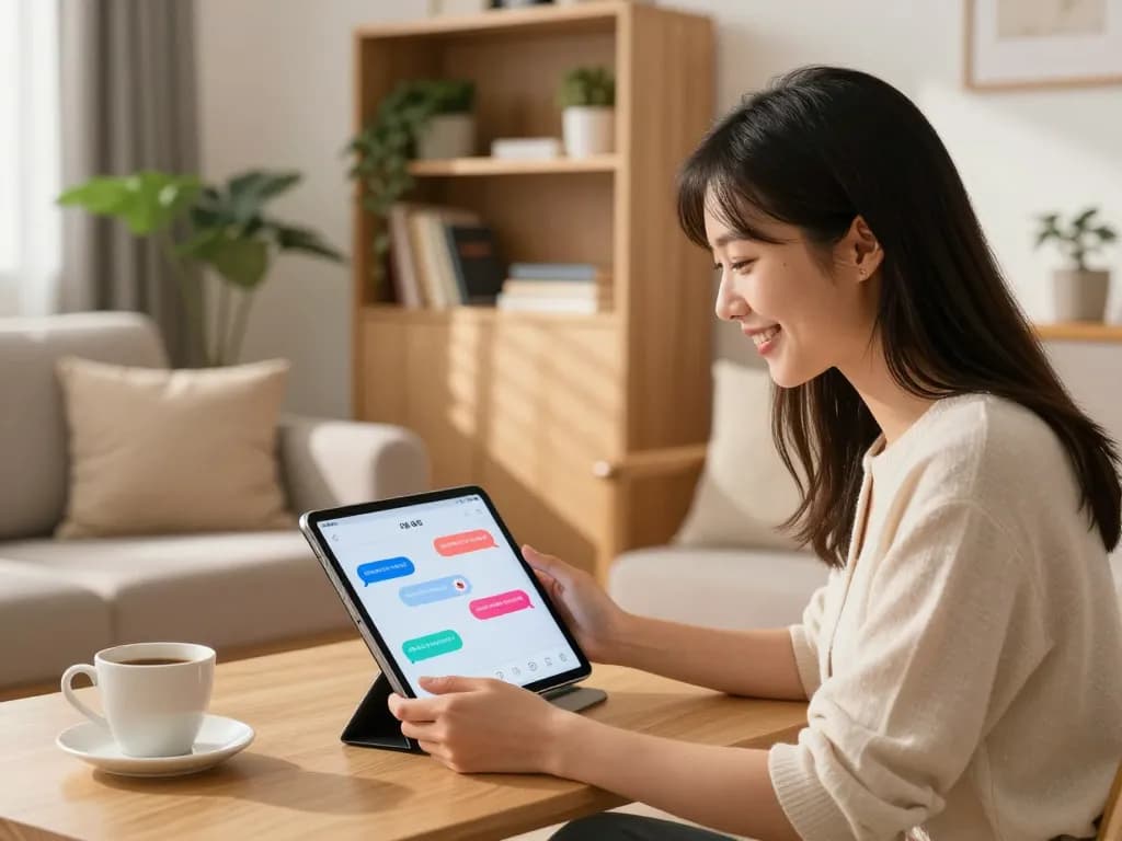 Young woman interacting with her girlfriend AI app in a cozy home office, showcasing personal connection.