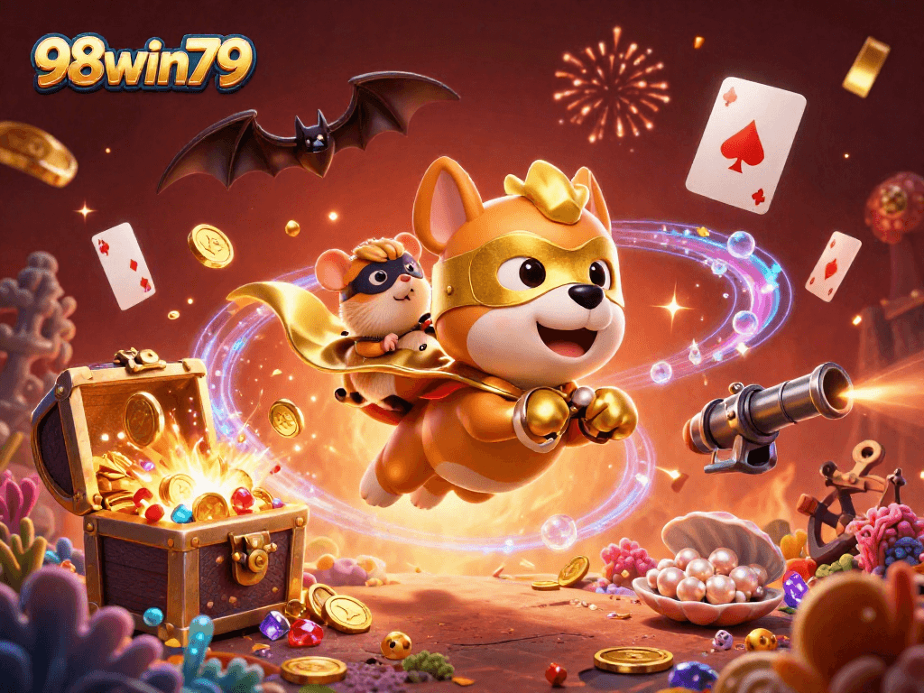 Join the adventure with 98win79 as the superhero dog flies through a vibrant casino world!