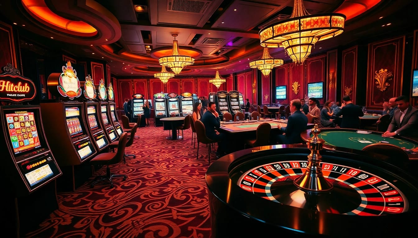 Hitclub casino players engaging in thrilling games at a vibrant poker table and roulette wheel.