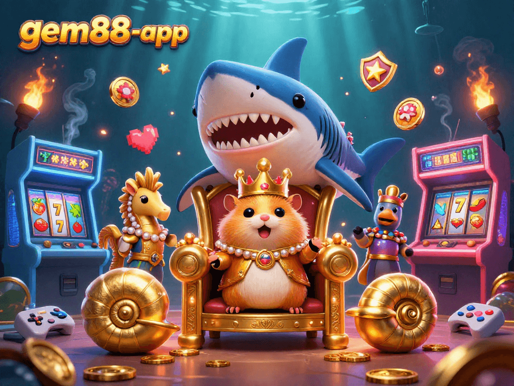 Experience the thrill of winning with the gem88-app, featuring a golden hamster king amidst vibrant casino elements.
