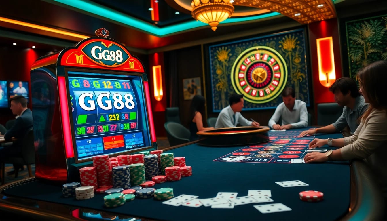 Gambling action at GG88 casino with vibrant slot machines and poker tables.