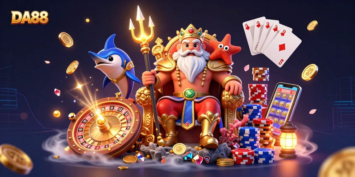 Spin the roulette and collect treasures with DA88 in this vibrant 3D casino illustration!