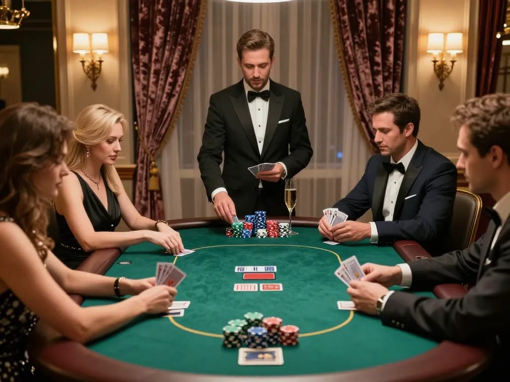 Tg88 VIP poker players strategizing at an exclusive casino table, showcasing luxury and excitement.