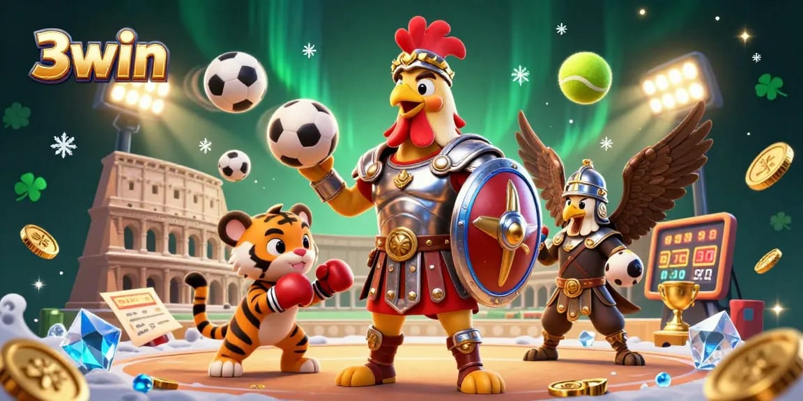 Experience the thrill of 3win with a dynamic casino scene featuring a rooster gladiator and exciting game elements.