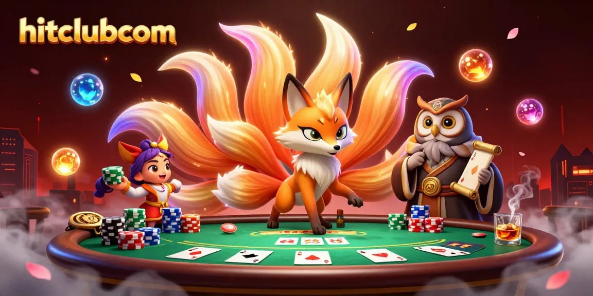 Experience the vibrant gaming atmosphere of hitclubcom with a mystical fox and owl at a poker table.