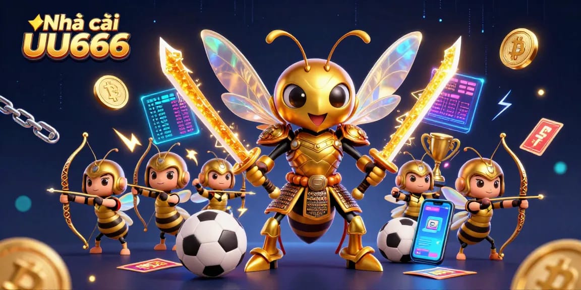 Engage with Nhà cái UU666 through sports betting excitement and vibrant 3D illustrations filled with crypto elements.