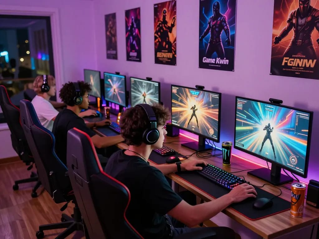Gamers immersed in Game Kwin with vibrant gaming setup and colorful LED lights.