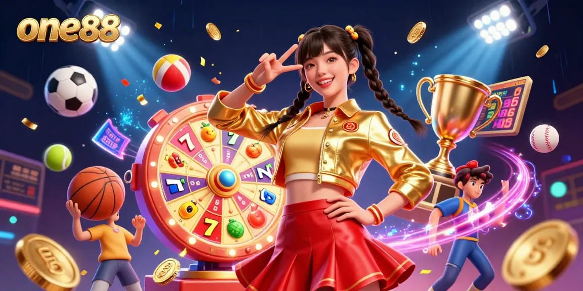 Experience thrilling gameplay at one88 with vibrant slot reels and dynamic lottery elements in an exciting scene.