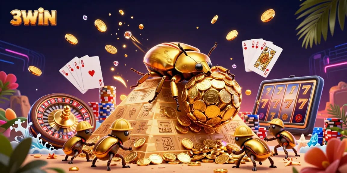 Experience exciting gameplay with 3WIN, featuring golden coins and captivating game elements in a vibrant casino scene.