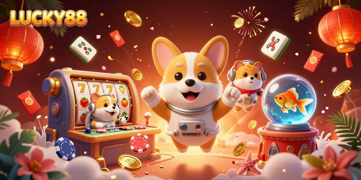 Engage in thrilling action with LUCKY88 as the corgi and friends float in a vibrant casino atmosphere.