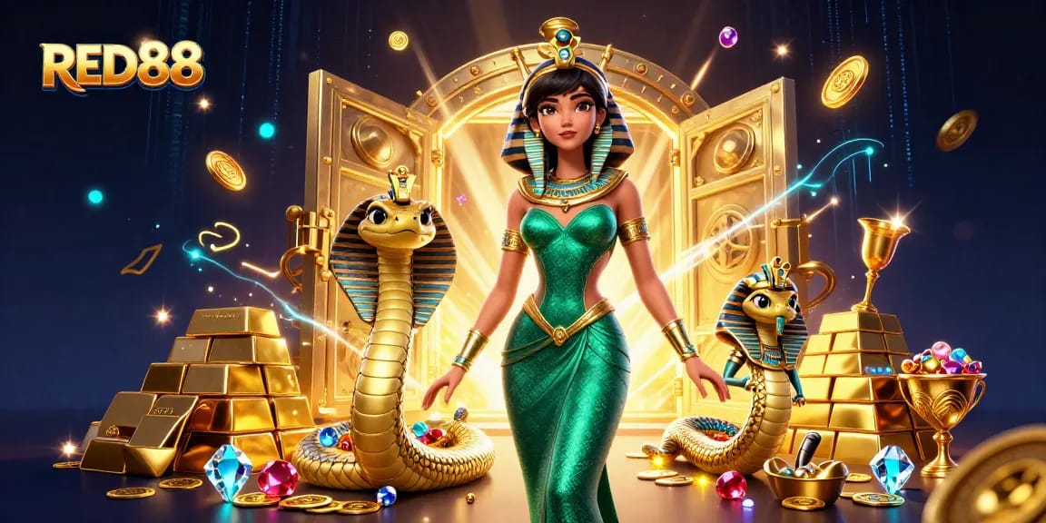 Experience the thrill of gaming with RED88 as the glamorous character explores a vibrant casino environment.