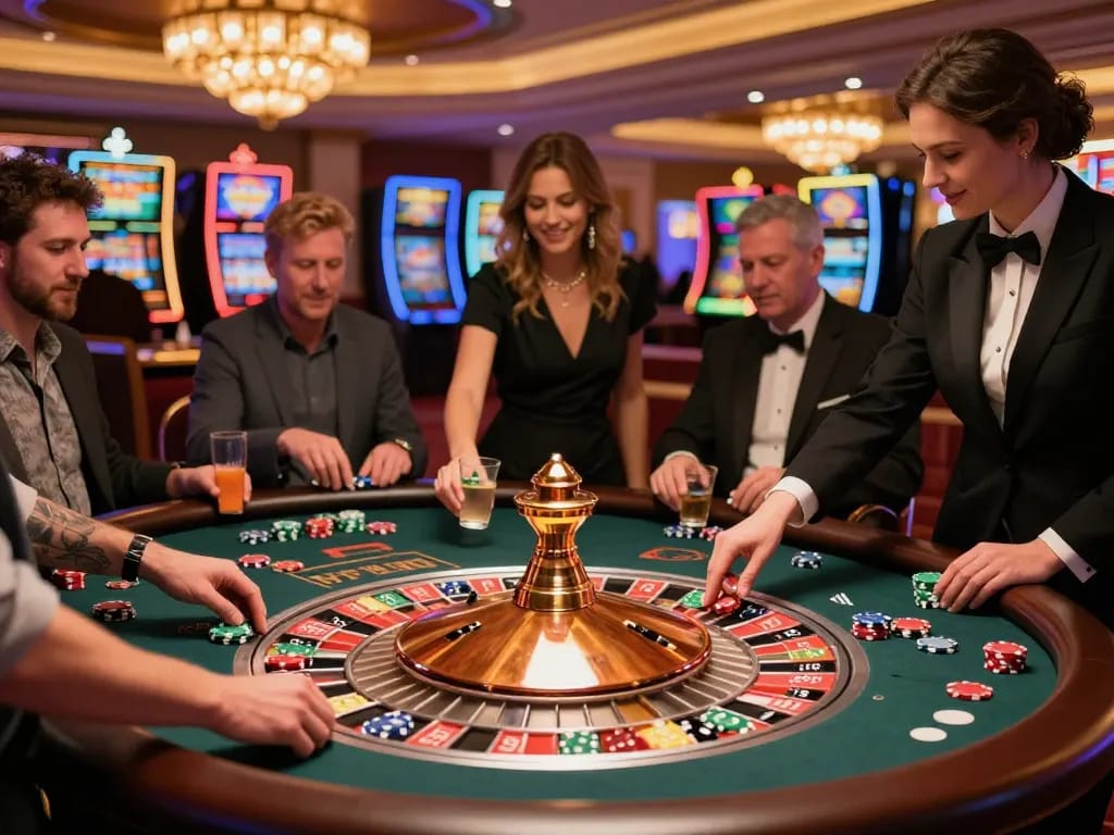 Engaged players at the CM88 roulette table in a vibrant casino atmosphere.