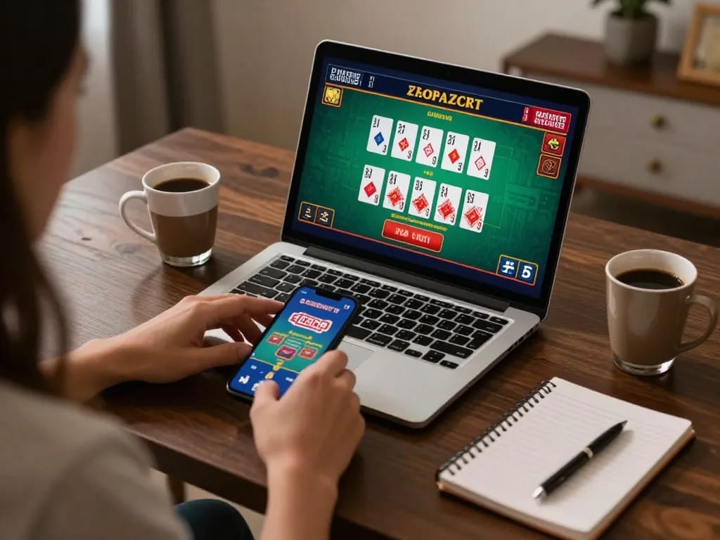Engaging with RR88 online casino, player enjoying live blackjack from home with strategic notes nearby.