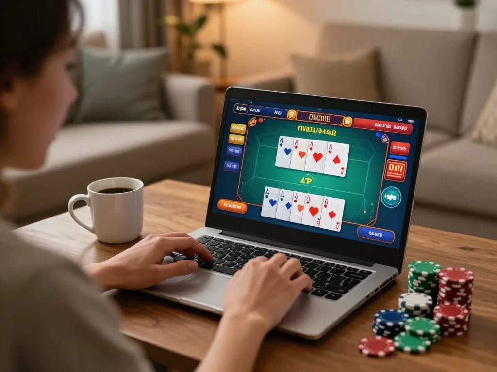 Player immersed in online poker at home, engaging with RR88 platform for strategic gameplay.