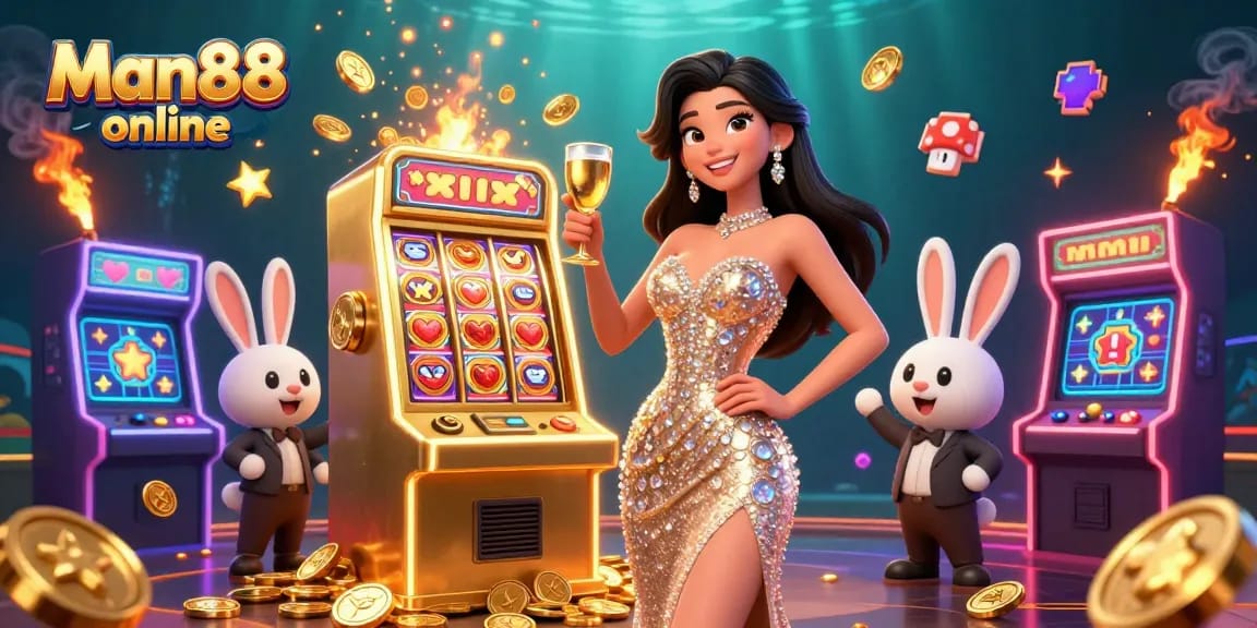 Experience winning thrills at Man88 online with a stunning woman celebrating beside a golden jackpot slot.