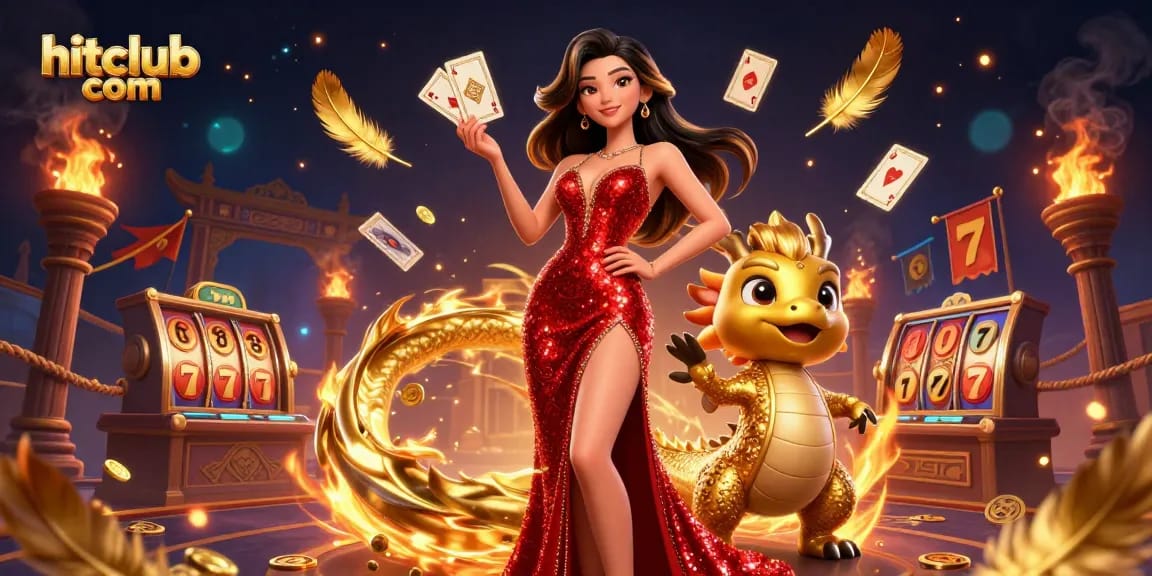Engage with hitclub com's vibrant casino atmosphere, showcasing a glamorous character with gaming elements.