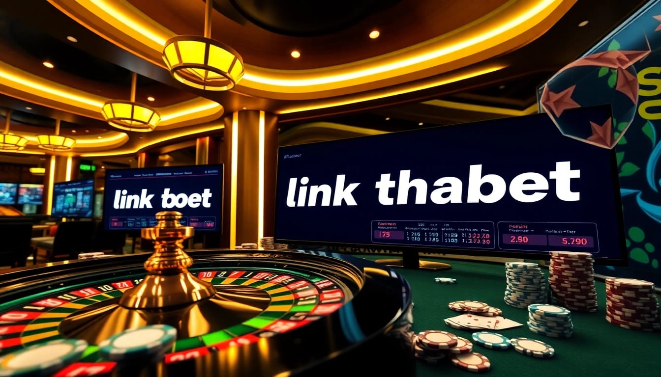 Immerse in a luxurious online gambling experience featuring link thabet with poker chips and roulette.