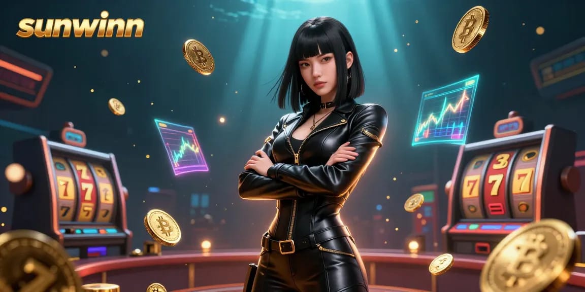 Engage in thrilling casino action at sunwinn with stunning Asian woman amidst slot reels and crypto coins.
