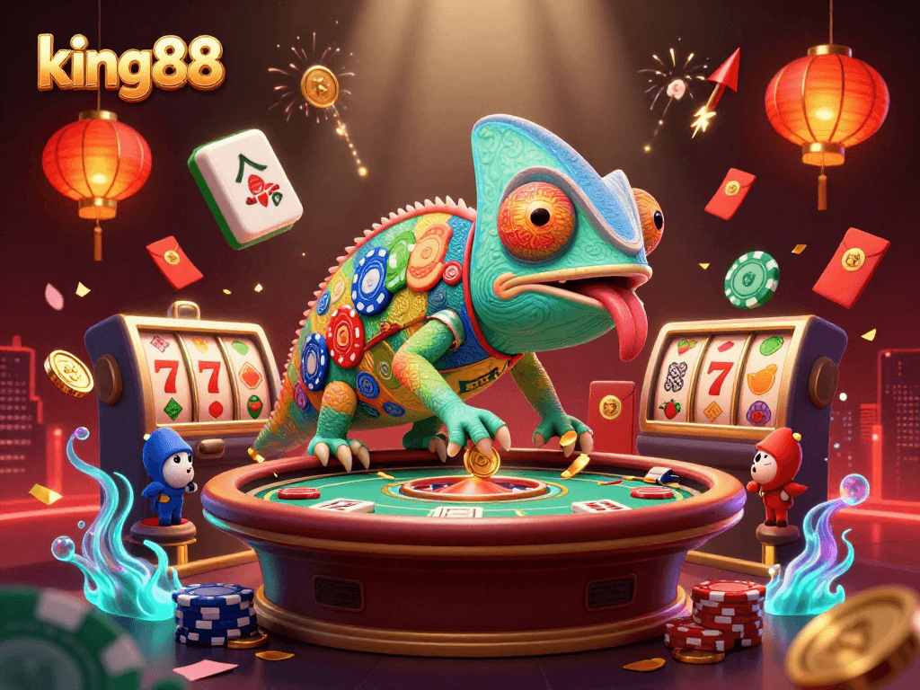 Experience the vibrant casino world of king88 with a dynamic illustration of a chameleon owner, surrounded by games and festive elements.