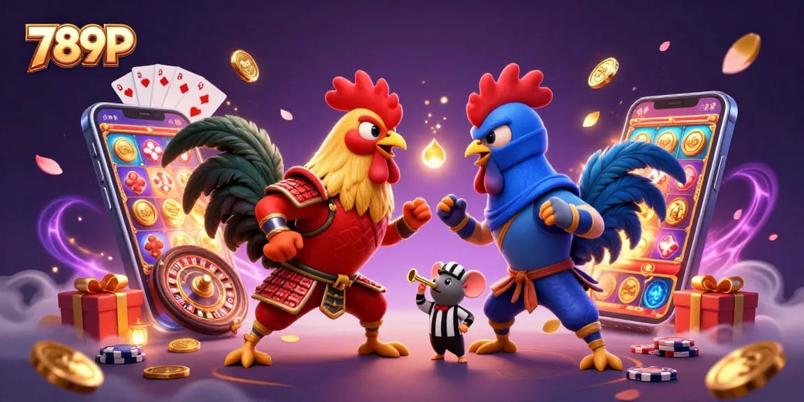 Bet on thrilling moments with 789P's energetic rooster showdown in a vibrant online casino scene.