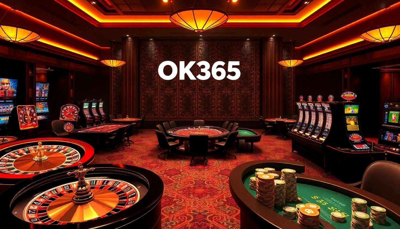 Engaging betting action at nhà cái OK365's luxurious casino, featuring roulette wheels and poker tables.