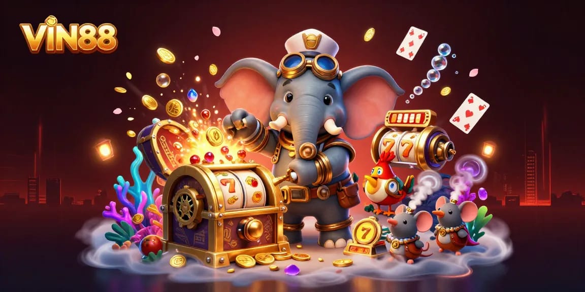 Game on with thrilling slots at VIN88, featuring vibrant characters and dazzling treasures!