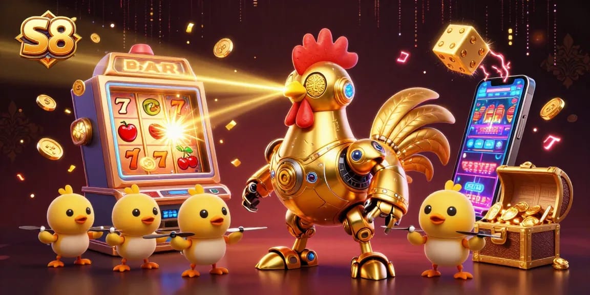 S8 engages players with exciting slots, showcasing a golden robot amid casino jackpots and vibrant effects.