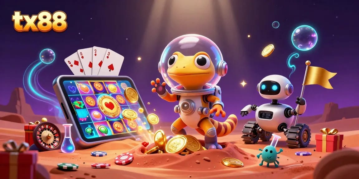 Engage with tx88 in a vibrant Martian casino adventure featuring animated characters and thrilling game elements.