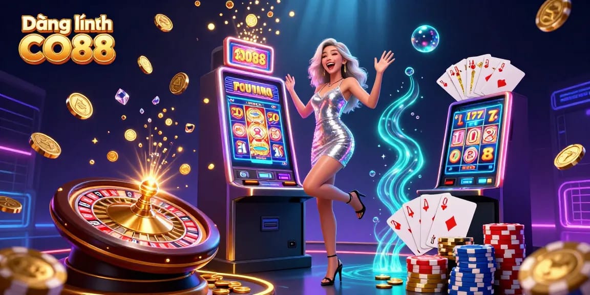 Spin the reels with Đăng nhập CO88, showcasing vibrant casino elements and jackpot excitement.