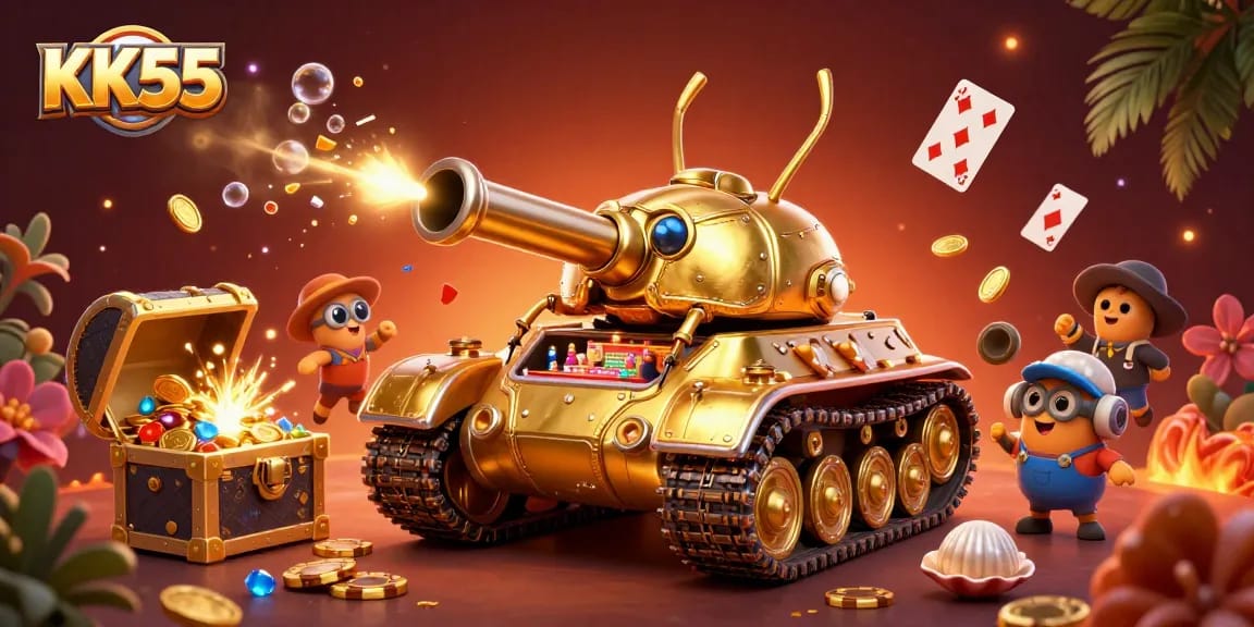 Experience online gaming excitement with KK55's dynamic casino scene featuring golden tanks and treasure chests.