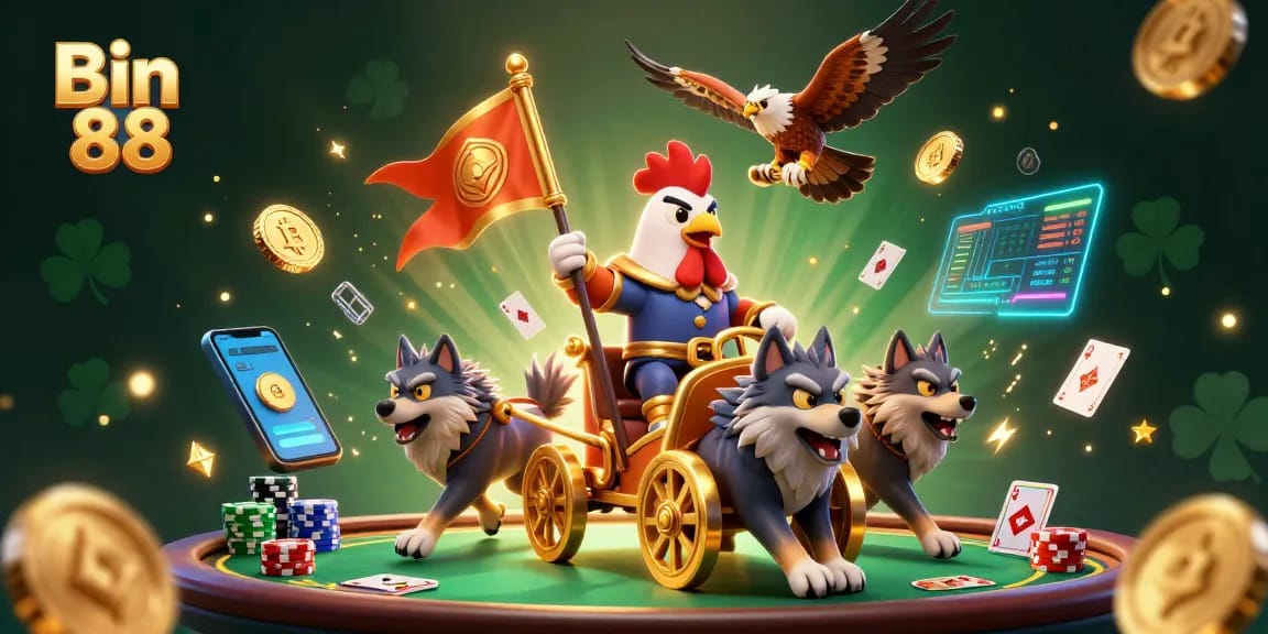 Engage with Bin 88 in a vibrant 3D casino scene full of poker tables and crypto elements.