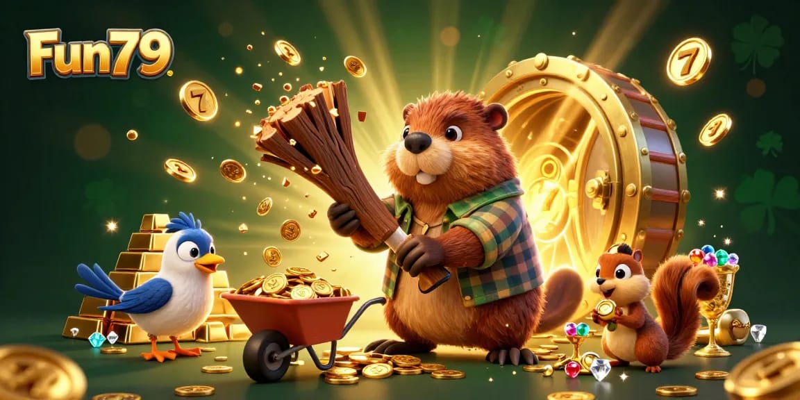 Experience Fun79's vibrant gaming world with a cartoon beaver collecting treasures.
