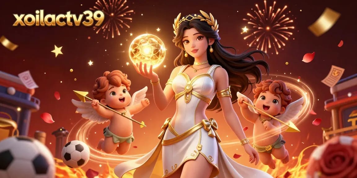 Xoilactv39 offers an engaging sports betting scene featuring a stunning Grecian goddess surrounded by dynamic gambling elements.