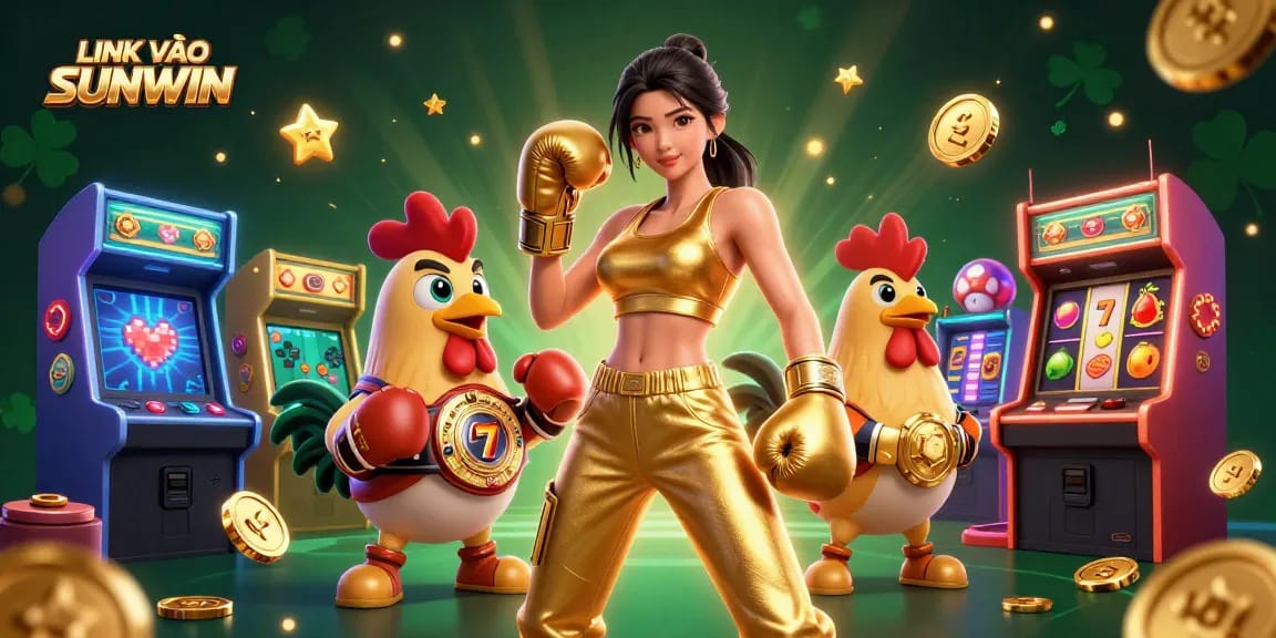 Engage with LINK VÀO SUNWIN through animated slot reels and gaming characters, capturing a vibrant casino atmosphere.