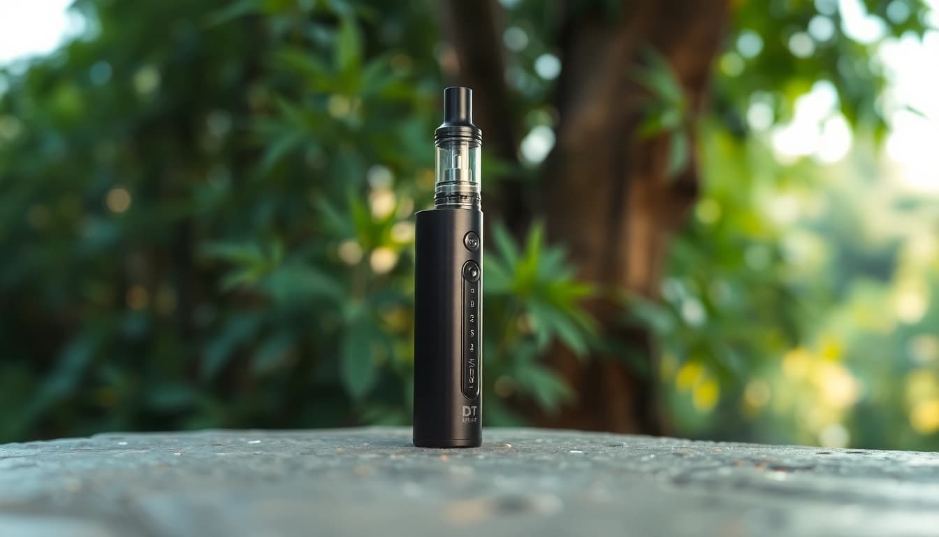 Find where to buy dmt with a close-up of a DMT vape pen in a nature-inspired setting.