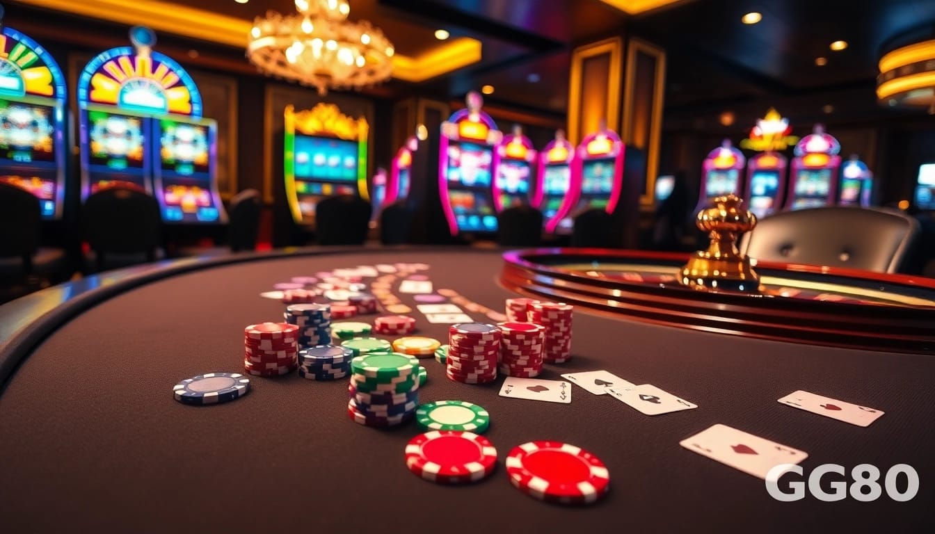 Experience high-stakes action at GG88 with poker chips and casino tables.
