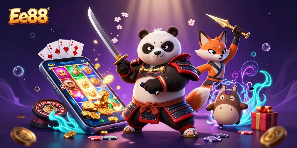 Play exciting games on Ee88 featuring a samurai panda and ninja fox amidst vibrant casino elements.