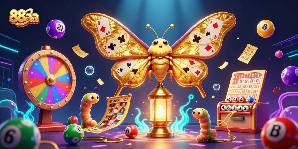 Engage with vibrant lottery elements and 88aa's casino scene featuring a majestic moth illustration.