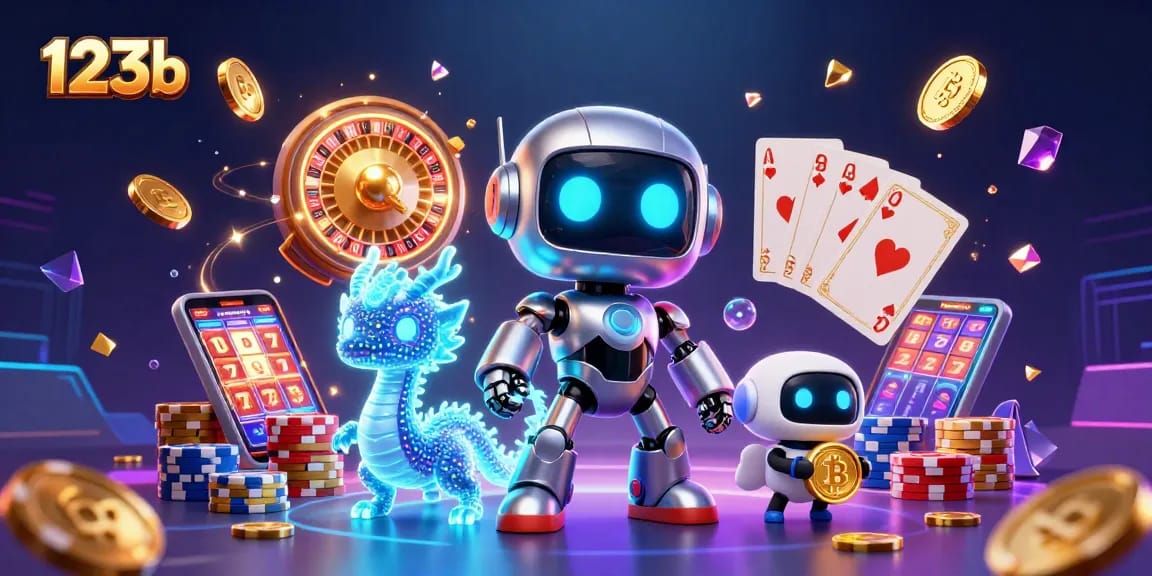 Join the excitement at 123b with vibrant gaming elements and characters in a dynamic casino scene.