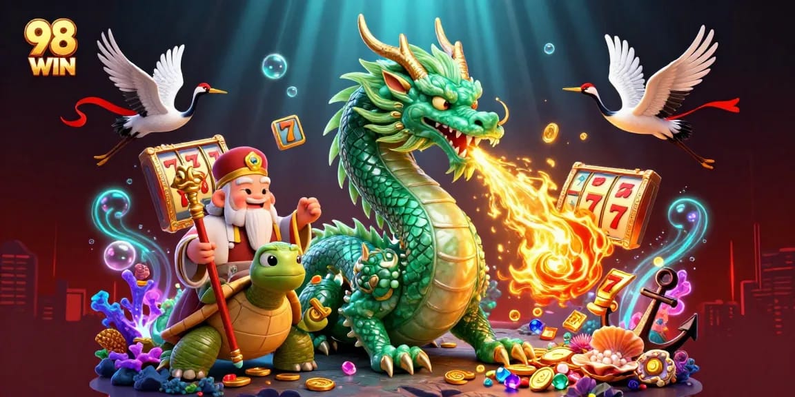 Spin the reels with 98WIN's magical dragon and lucky symbols in this colorful casino scene.