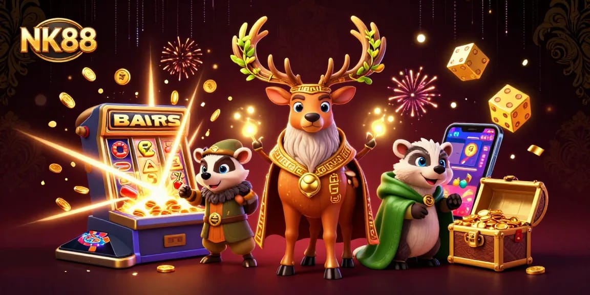 Engage with NK88's immersive gaming world featuring a colorful jackpot slot explosion.