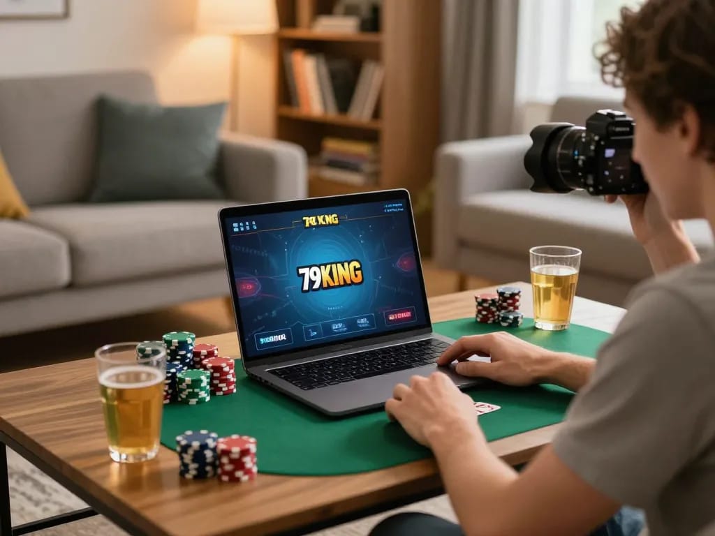 79KING online poker session with a player engaged in strategic gameplay at home while enjoying cozy atmosphere