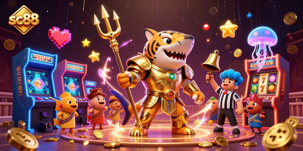 sc88 engaging slot game scene featuring a tiger shark and arcade elements in an underwater colosseum