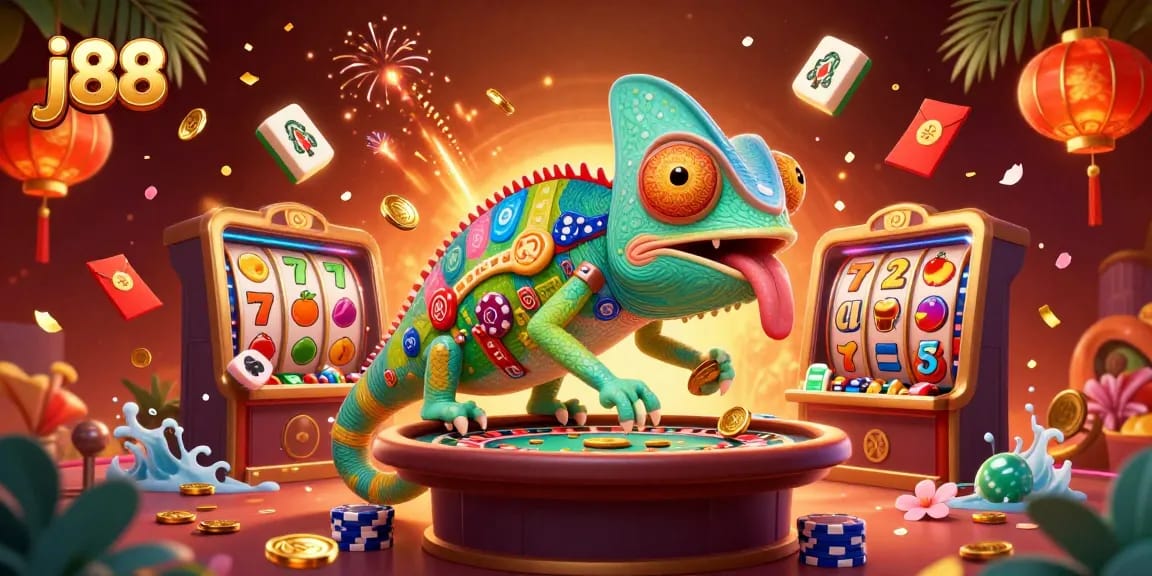 j88 chameleon casino owner engaging with vibrant slot reels and casino elements