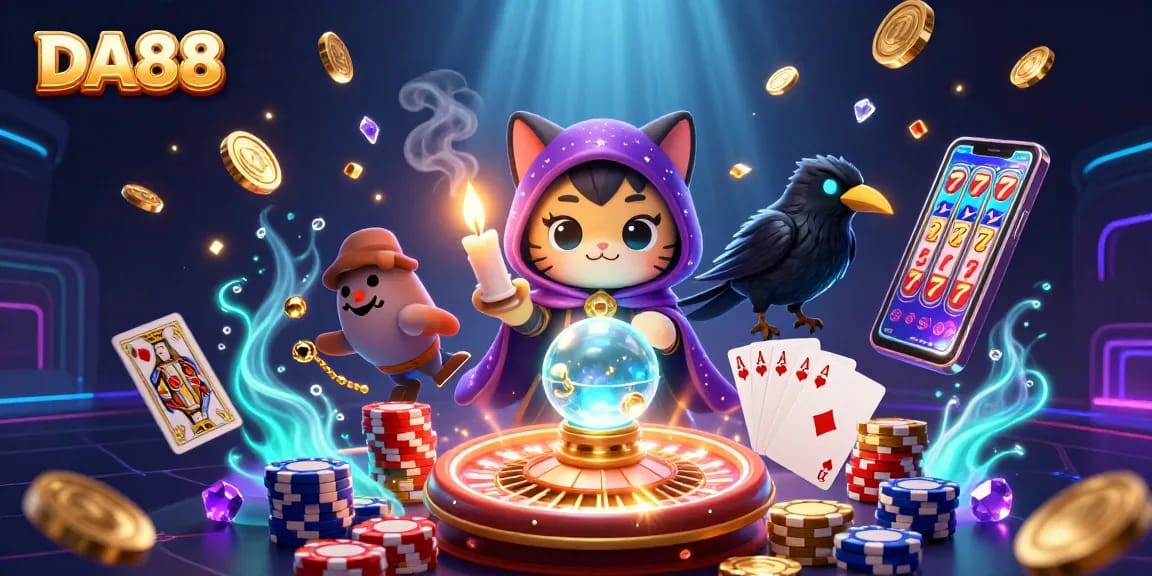 Engage with DA88 in a lively casino scene filled with fortune tellers, tarot cards, and dazzling game elements.