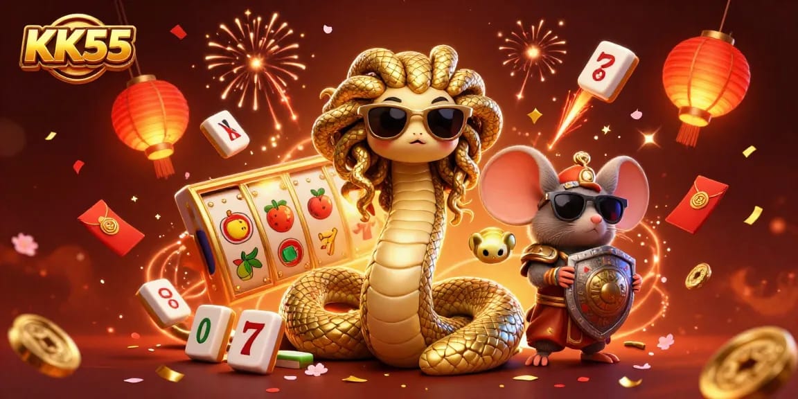 Experience the excitement of KK55 with colorful slot reels and dynamic energy characters in a vibrant casino scene.