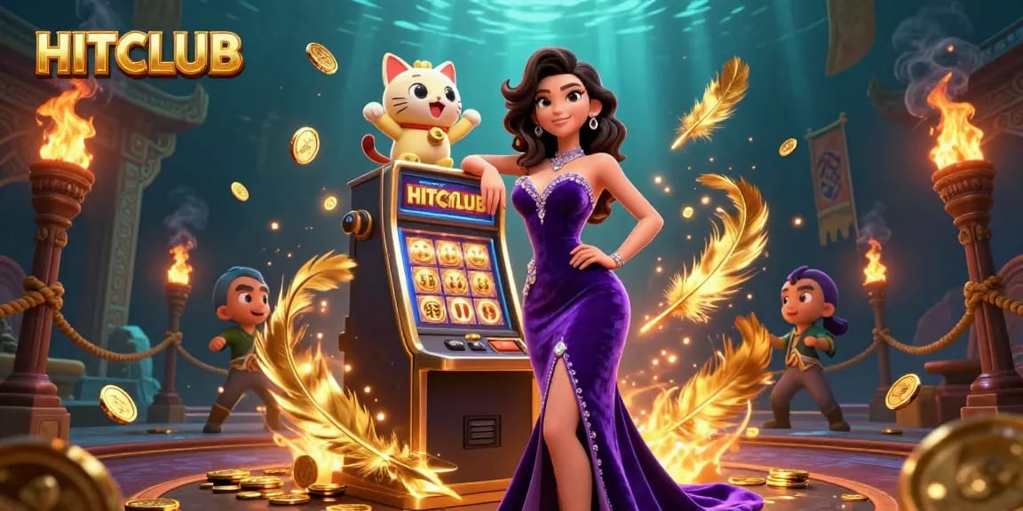 Experience thrilling jackpots at HITCLUB with a glamorous woman and lucky fortune cat amid a vibrant casino scene.
