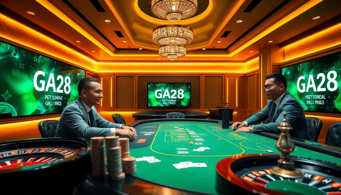 Engaged players enjoy an exciting GA28 poker game at a luxurious casino table with vibrant colors.