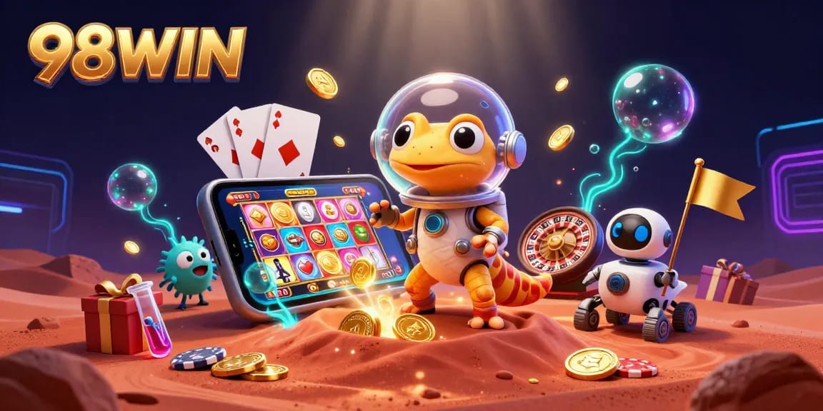 Experience 98WIN's thrilling casino adventure through a vivid Martian illustration featuring dynamic gaming elements.