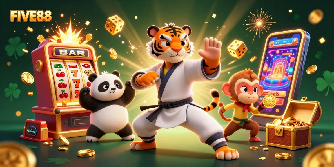 Engage with FIVE88's vibrant slot and gaming scene featuring dynamic animated characters and casino elements.